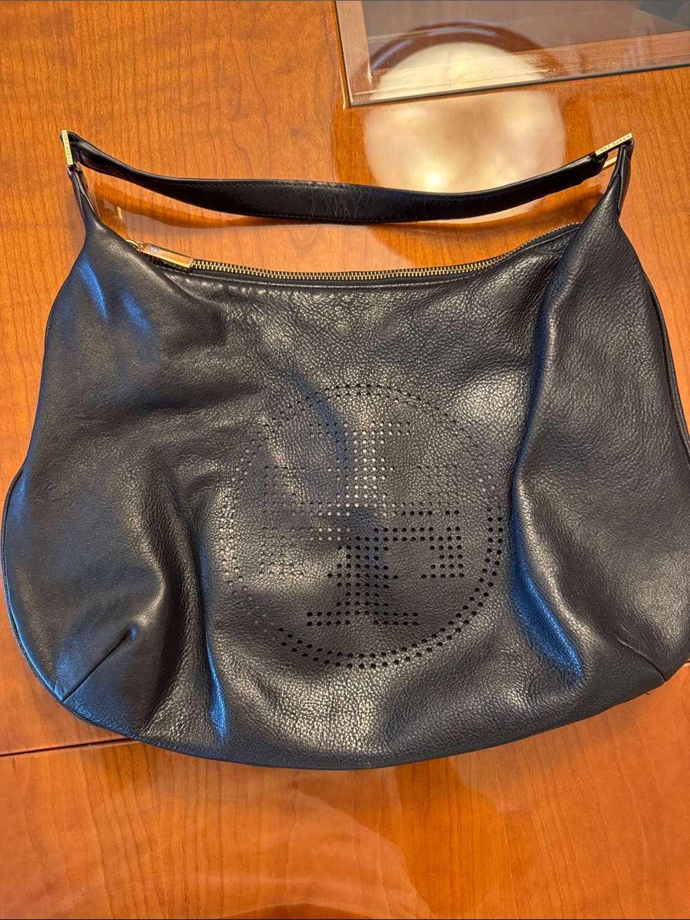 Tory Burch Black Perforated Logo Leather Hobo Shoulder Bag